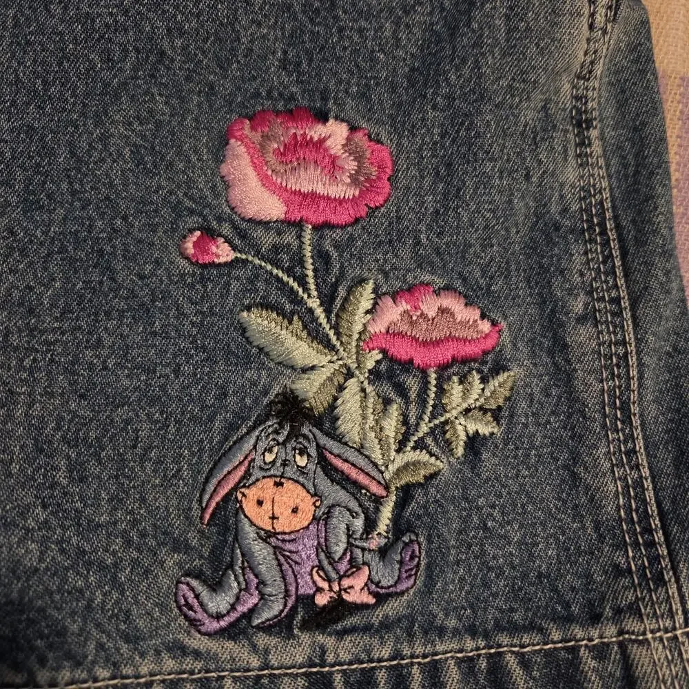 Vtg Eeyore Denim Womens Disney Overall Shorts Winnie The Pooh 90s Y2k Flowers - Picture 3 of 9